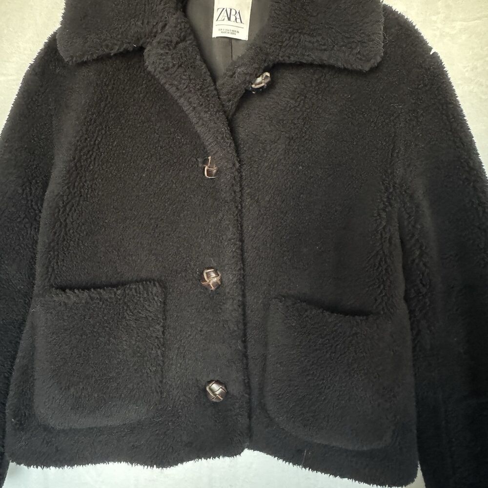 Zara Women Black Teddy Jacket Size Small Button Up Fuzzy Faux Shearling Coat - Picture 3 of 8